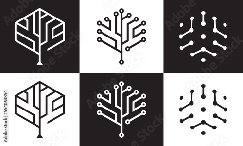 tree tech logo. creative hexagon digital connect icon vector design.