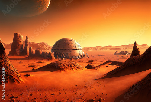 Mars surface landscape with a settlement base. Generative AI