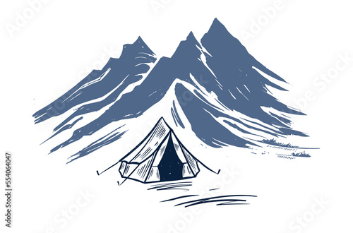 Camping in nature, mountains, hand drawn illustrations