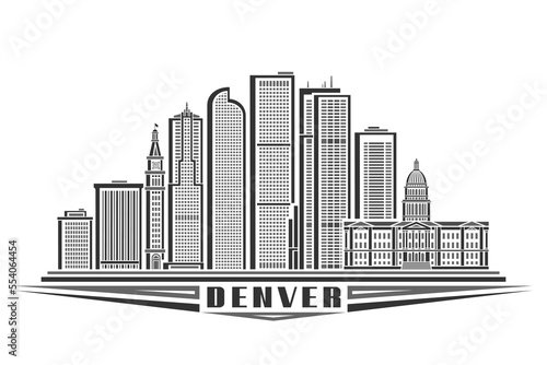 Vector illustration of Denver, monochrome horizontal poster with simple linear design famous denver city scape, urban line art concept with decorative letters for black text denver on white background