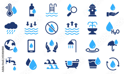 Water Silhouette Icon Set. Low and High Tide, Shower, Mineral Water, Plastic Bottle and Glass Pictogram. Fire Hydrant and Fountain. Drop Water Color Icon. Vector Isolated Illustration