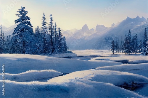 Beautiful snowy landscape with forest, river, mountain, valley and road.