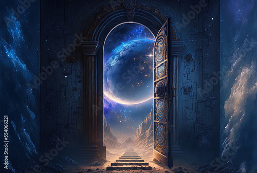 Time and space are connected via a mystery door. The Multi Parallel Universes Gate. Scenery in concept art. Book . Scene of video games. Dedicated digital painting. Generative AI