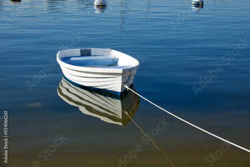 Fototapeta empty rowboat moored in the harbor on a sunny morning
