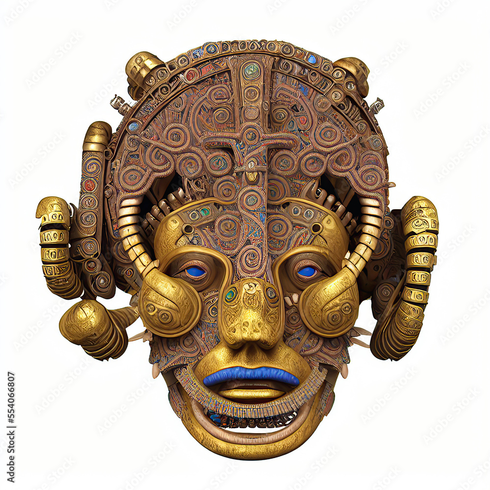 Obraz premium Traditional ancient Aztec Mask. Digital illustration. 3D rendering. Isolated on white.