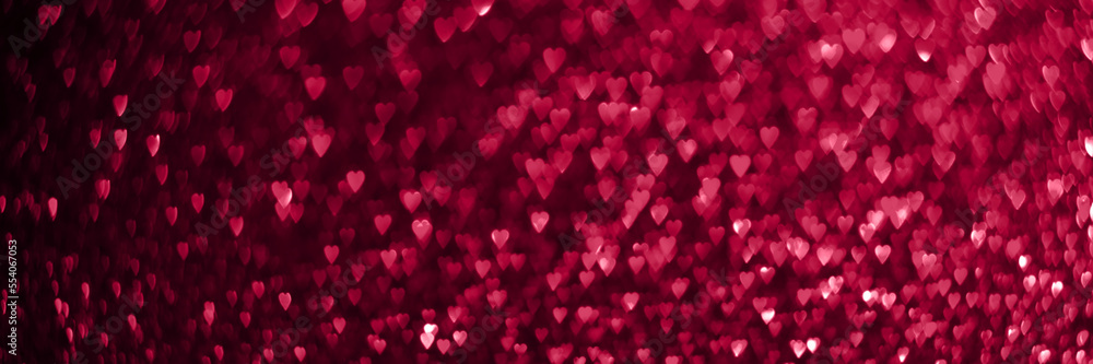 Trendy viva magenta color of the year 2023, pink red hearts, sparkling glitter bokeh panoramic background banner, valentines day abstract defocused texture header Trendy viva magenta color of the year 2023, pink red hearts, sparkling glitter bokeh panoramic background banner, valentines day abstract defocused texture header