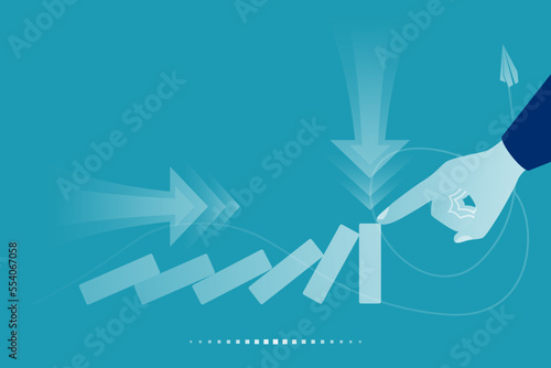 Domino effect. Stopping chain reaction business solution. Successful intervention. The man stops the falling domino with finger hand. Vector illustration flat design. Isolated on background.