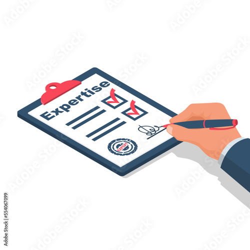 Expertise concept. Expert holding in hand clipboard and pen. Documents and written research. An experienced person advises and evaluates. Vector illustration isometric 3d design.