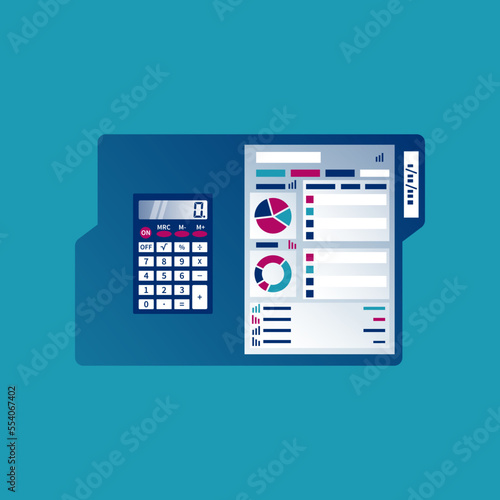 Summary report concept. Analyzing statistical data. Research chart, calculation. Compact data summary. Documents folder. Vector illustration flat design. Calculator and clipboard.