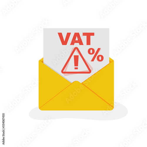 VAT payment landing page. Vat receipt in envelope. Data analysis, paperwork, financial research, report. Calculation tax government, state. Flat design vector illustration