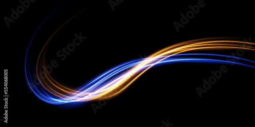 Abstract light lines of movement and speed in blue and gold. Light everyday glowing effect. semicircular wave, light trail curve swirl, car headlights, incandescent optical fiber png.