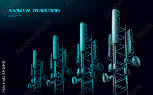 3d base station receiver. telecommunication tower 5g polygonal design global connection information transmitter. Mobile radio antenna cellular vector illustration