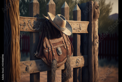 scene wooden ranch fence with horse saddle hanging from it. Generative AI