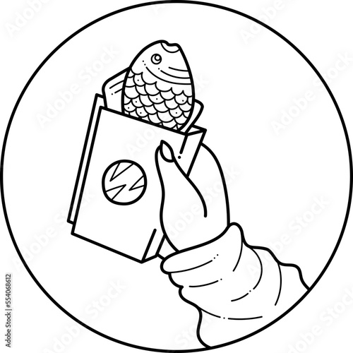 Doodle taiyaki in hand. Cute Asian fish-shaped biscuits with filling. Cartoon white and black vector illustration.