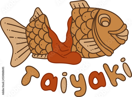 Taiyaki single doodle5. Cute Asian sweet stuffed fish. Cartoon color vector illustration. © el_mirik_design