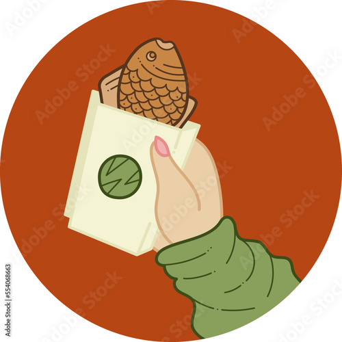 Doodle taiyaki in hand2. Cute Asian fish-shaped biscuits with filling. Cartoon color vector illustration.