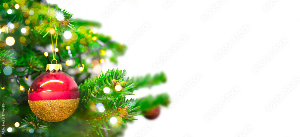 Decorated Christmas tree isolated on white background. Happy New Year and XMas border with free copy space for text. christmas banner