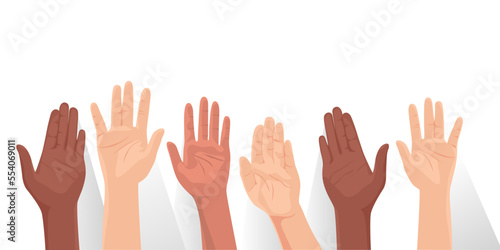 We stand together, vector people raise their hands