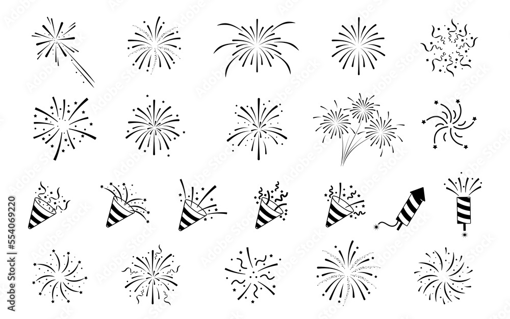 Set of firework icons.Fireworks with stars and sparks isolated on white background.Party popper.Firework simple black line icons. Set of firework icons.Fireworks with stars and sparks isolated on white background.Party popper.Firework simple black line icons.