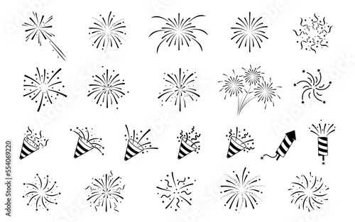 Set of firework icons.Fireworks with stars and sparks isolated on white background.Party popper.Firework simple black line icons.