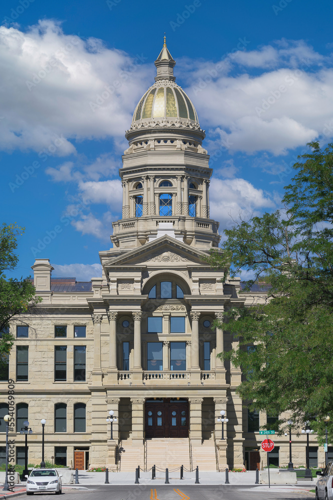 Exterior entrance and dome of the Wyoming State Capitol building in Cheyenne, Wyoming