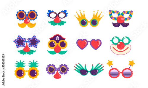 Quirky, funny and Groucho nose glasses. Carnival, Purim, festival masks, costumes parts. Colorful vector elements 