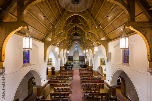Interior nave of the historic St. Matthew's Episcopal Cathedral in downtown Laramie, Wyoming photo