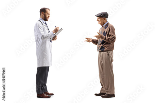 Full length profile shot of a doctor writing a prescription for an elderly male patient