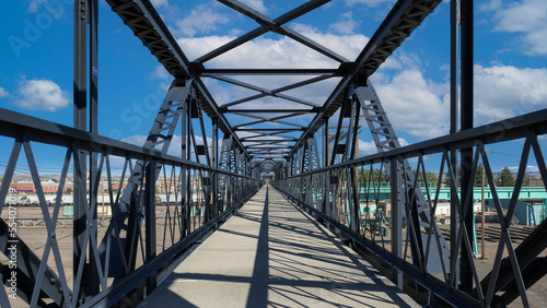 Pedestrian footbridge over railroad tracks in downtown Laramie, Wyoming