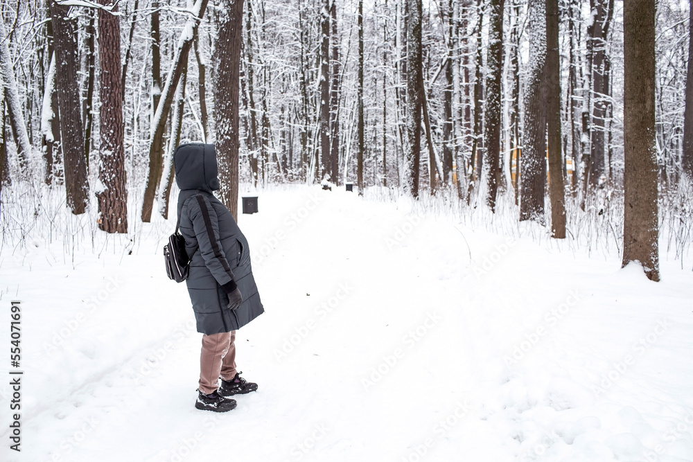 Obraz premium Snow-covered trees. A pregnant woman walks in the park. Breathing fresh air. Pregnancy and childbirth.