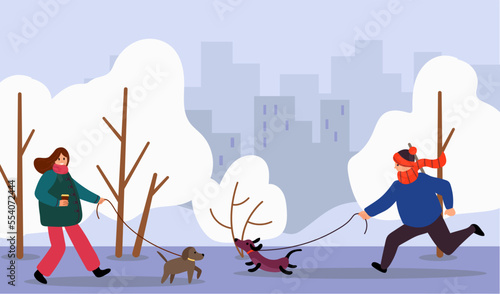 Walk Your Dog Month. People walk their dogs. flat style. vector illustration.	