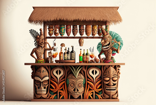 tiki bar with a bartender and tribal masks, isolated on a white backdrop. Generative AI photo
