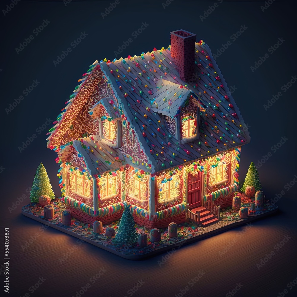 Isometric house with Christmas lights, small gingerbread house, tiny