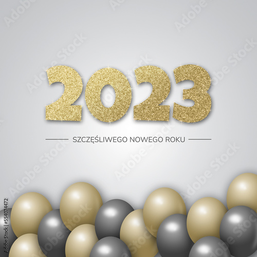 Happy new year card. Gold glitter. Polish language.