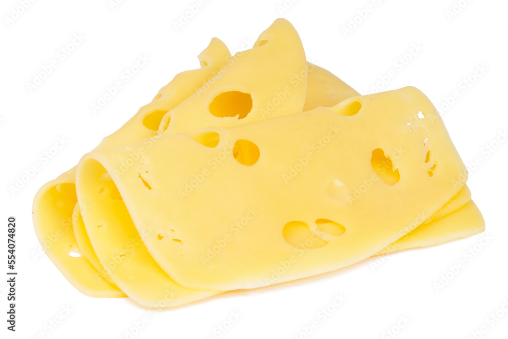 Yellow cheese slices isolated on a white background