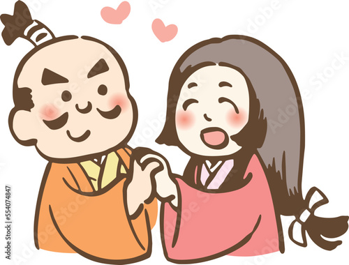 妻と仲睦まじく手を取り合う殿様のイラスト