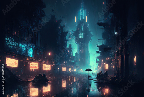 typical nighttime picture of a cyberpunk metropolis created with neural networks. Generative AI