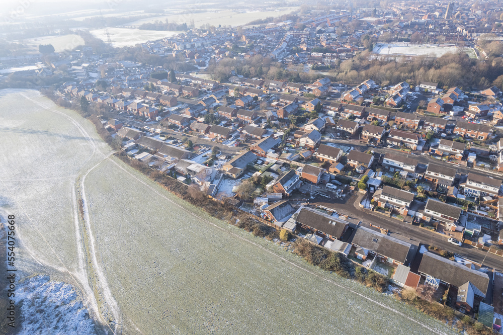 Aerial Houses Residential British England Drone Above View Summer Blue Sky Estate Agent. Snow, winter weather