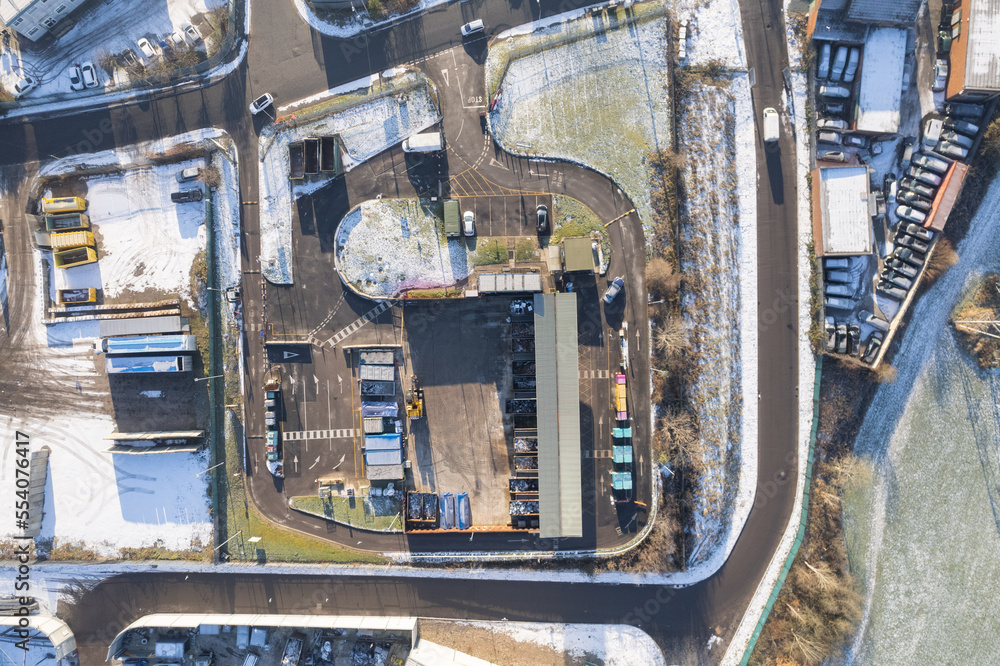 aerial view of a large industrial estate in Manchester, UK Recycling Plant. Snow winter weather