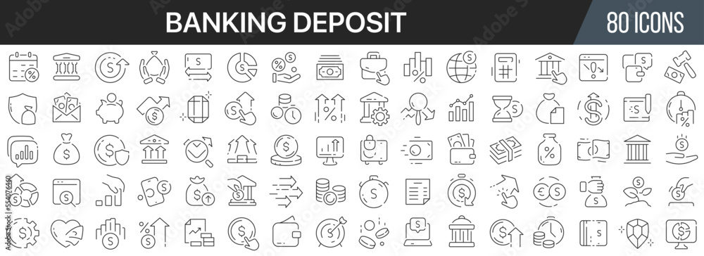 Banking deposit line icons collection. Big UI icon set in a flat design. Thin outline icons pack. Vector illustration EPS10 Banking deposit line icons collection. Big UI icon set in a flat design. Thin outline icons pack. Vector illustration EPS10