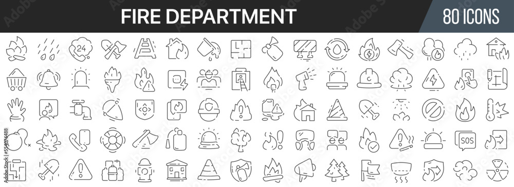 Fire department line icons collection. Big UI icon set in a flat design. Thin outline icons pack. Vector illustration EPS10