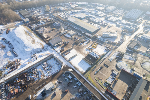 aerial view of a large industrial estate in Manchester, UK Recycling Plant. Snow winter weather