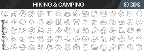 Hiking and camping line icons collection. Big UI icon set in a flat design. Thin outline icons pack. Vector illustration EPS10