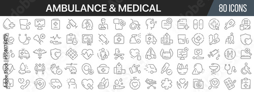 Ambulance and medical line icons collection. Big UI icon set in a flat design. Thin outline icons pack. Vector illustration EPS10