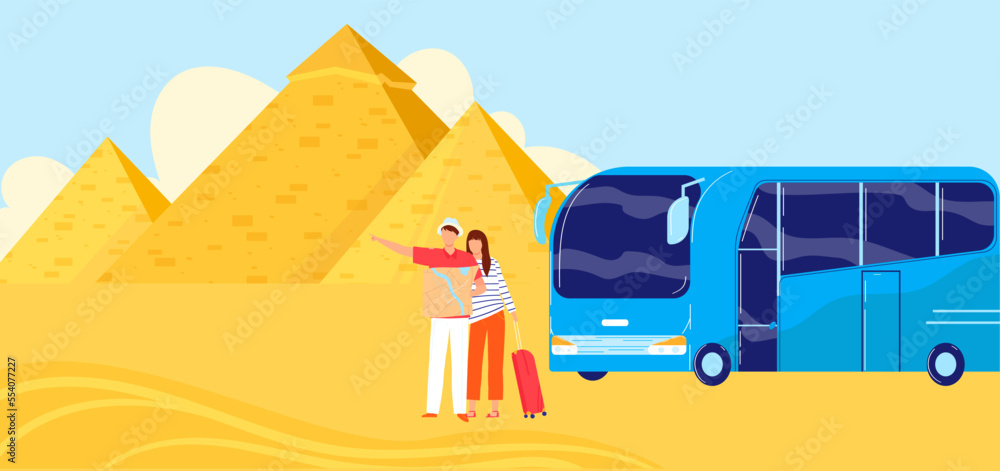 Egypt pyramid, tourist travel bus, tourism trip, transportation background, design, in cartoon style vector illustration.