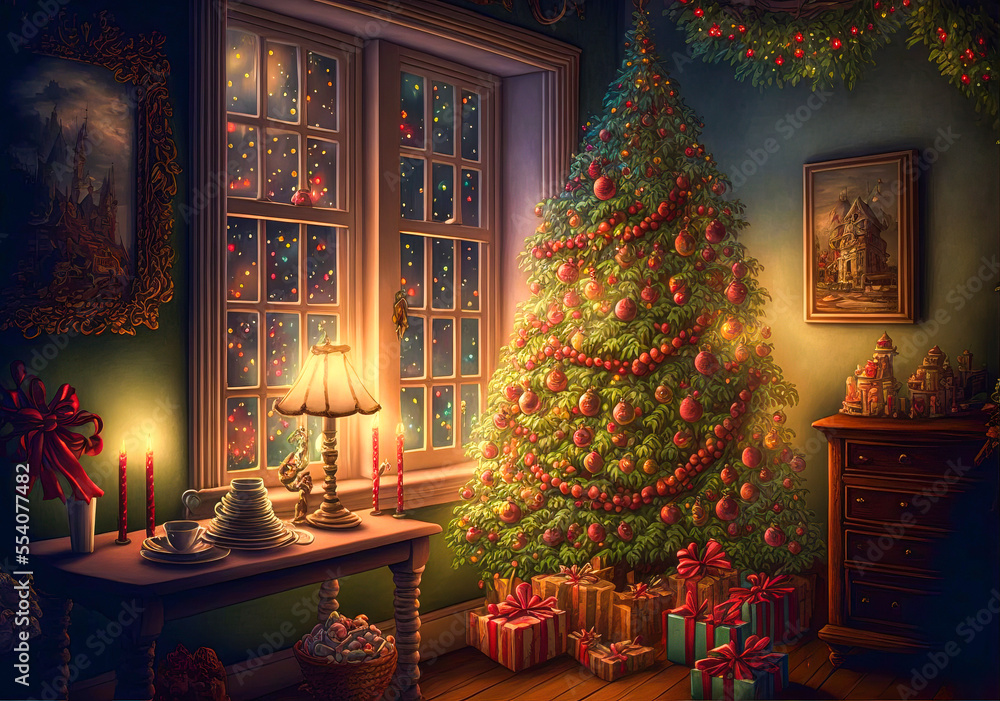 A Christmas tree with gifts and decorations inside a cozy room. A Happy New Year and Christmas Wallpaper. A Generative AI Illustration.