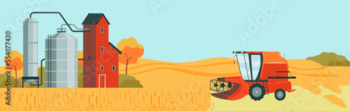 Farm harvester, harvest agriculture, field landscape, summer nature background, design, in cartoon style vector illustration.