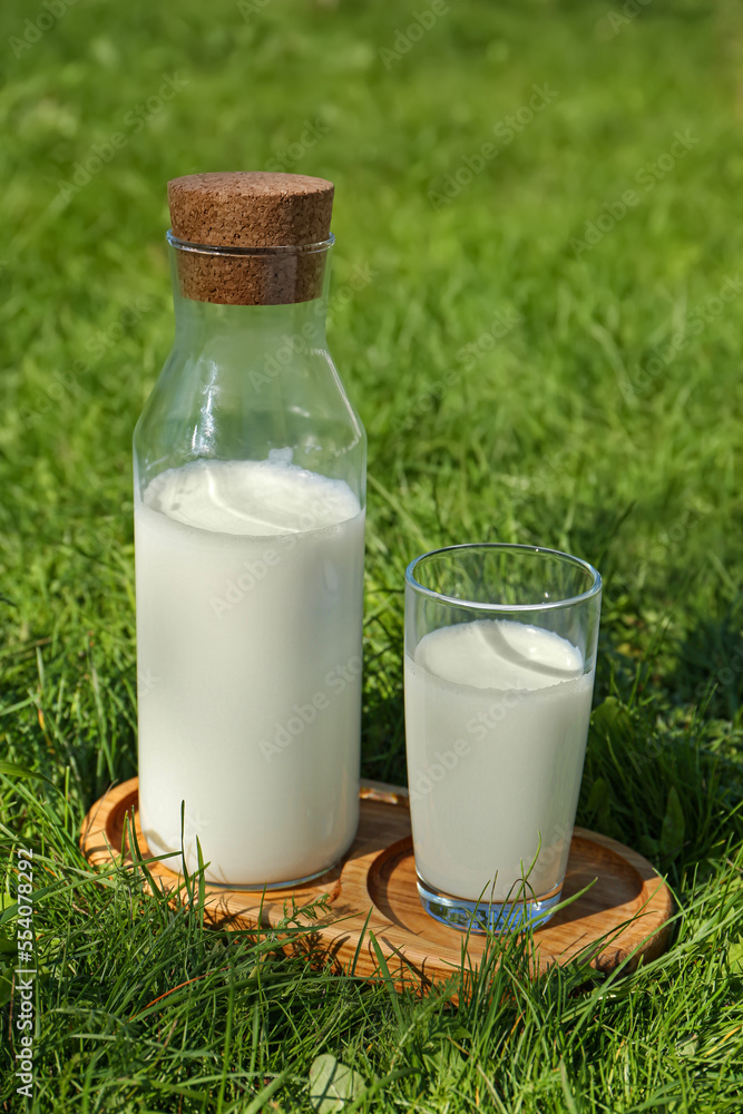 Glass and bottle of fresh milk on green grass outdoors Glass and bottle of fresh milk on green grass outdoors