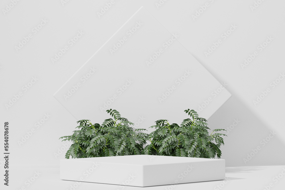 Empty whaite podium Blank product shelf standing backdrop. 3D rendering.