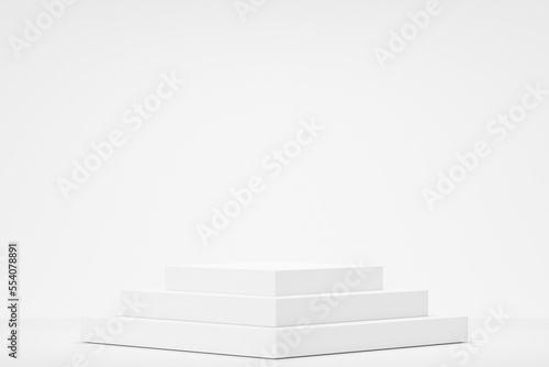 Empty whaite podium Blank product shelf standing backdrop. 3D rendering.